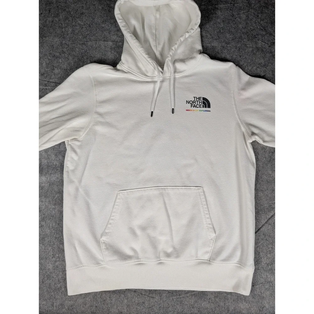 The North Face Mens White Rainbow Logo Hoodie Mountain Graphic Pullover L
